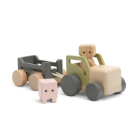 Traktor drewniany z przyczepą, ludzikiem i zwierzątkiem Micki
