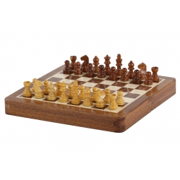 Szachy MAGNETYCZNE mini z intarsjowaną szachownicą 18 cm