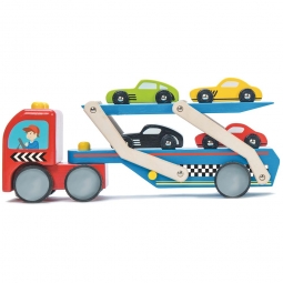 Drewniana laweta zabawkowa z samochodami wyścigowymi Le Toy Van