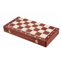 Drewniana, intarsjowana kasetka szachowa z wkładką do przechowywania figur (48 x 48 cm), pole 50 mm